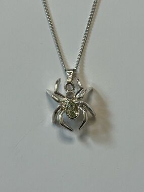 Silver Tone Spider Pendant Necklace with Pale Green Gem